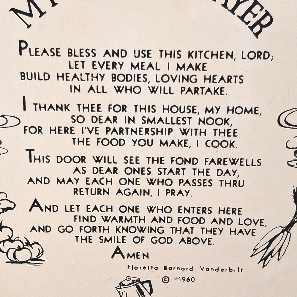 Vintage Floretta Barnard Vanderbilt My Kitchen Prayer Metal Tray Cream Silver - Picture 2 of 7